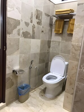 Douche, serviettes fournies, savon, papier toilette