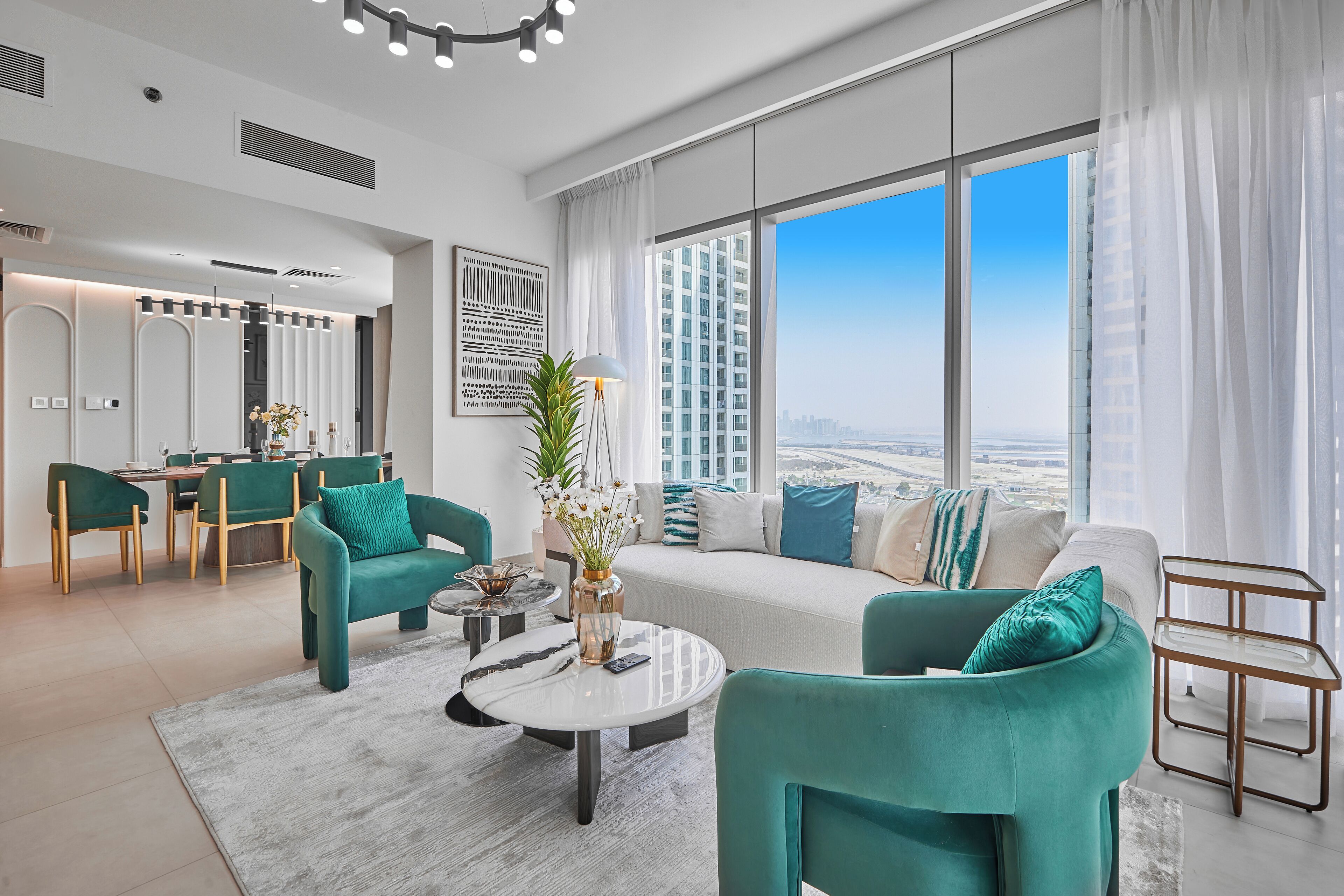 Premium Apartment, City View | Living room | 65-inch Smart TV with cable channels