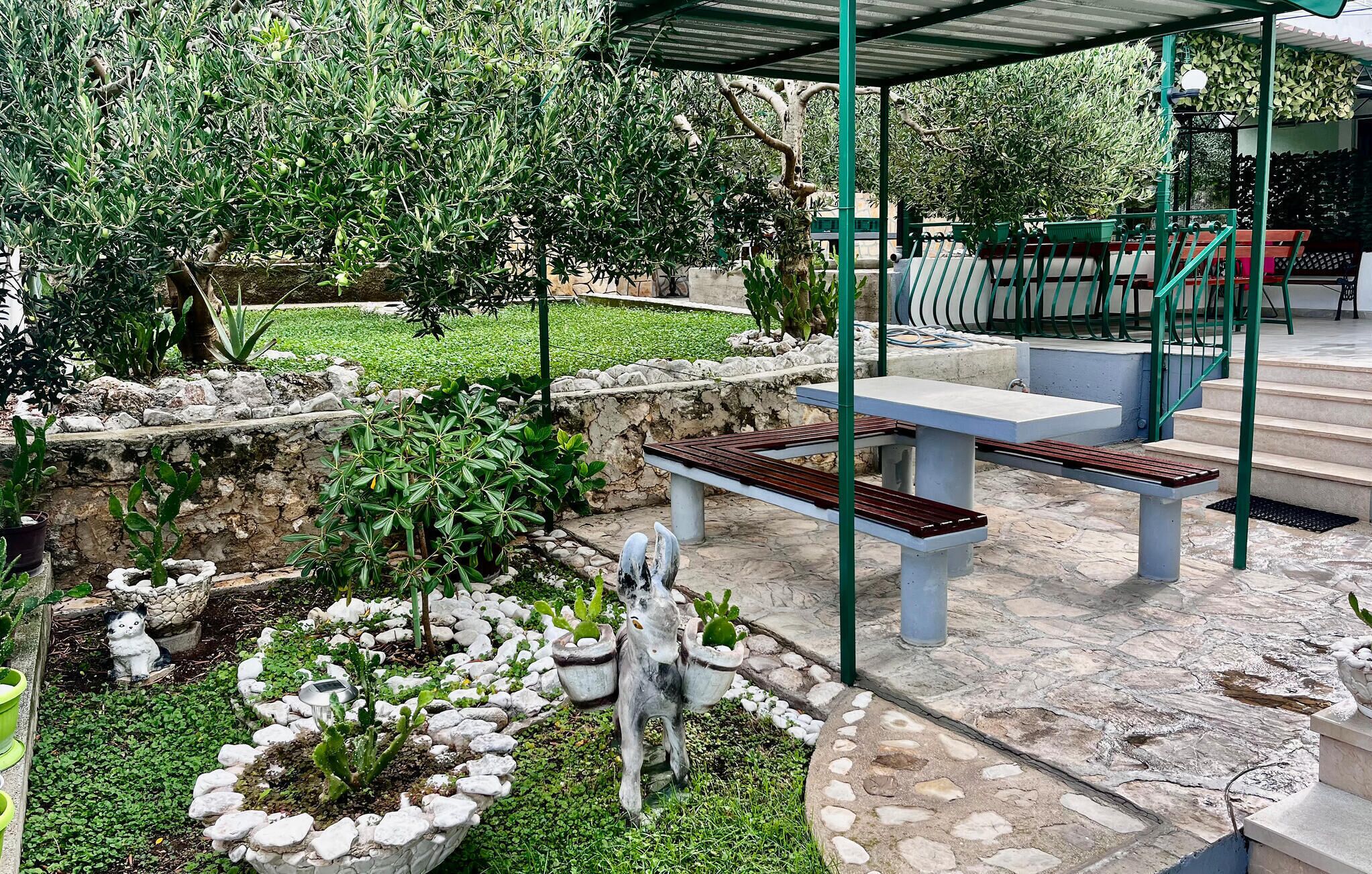 An outdoor patio area with stone flooring, green metal benches, and a variety of plants including cacti and olive trees.