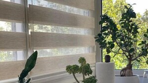 A room with a window, potted plants, and a table with decorative items. - Edion Center Apartment (Shkodër)