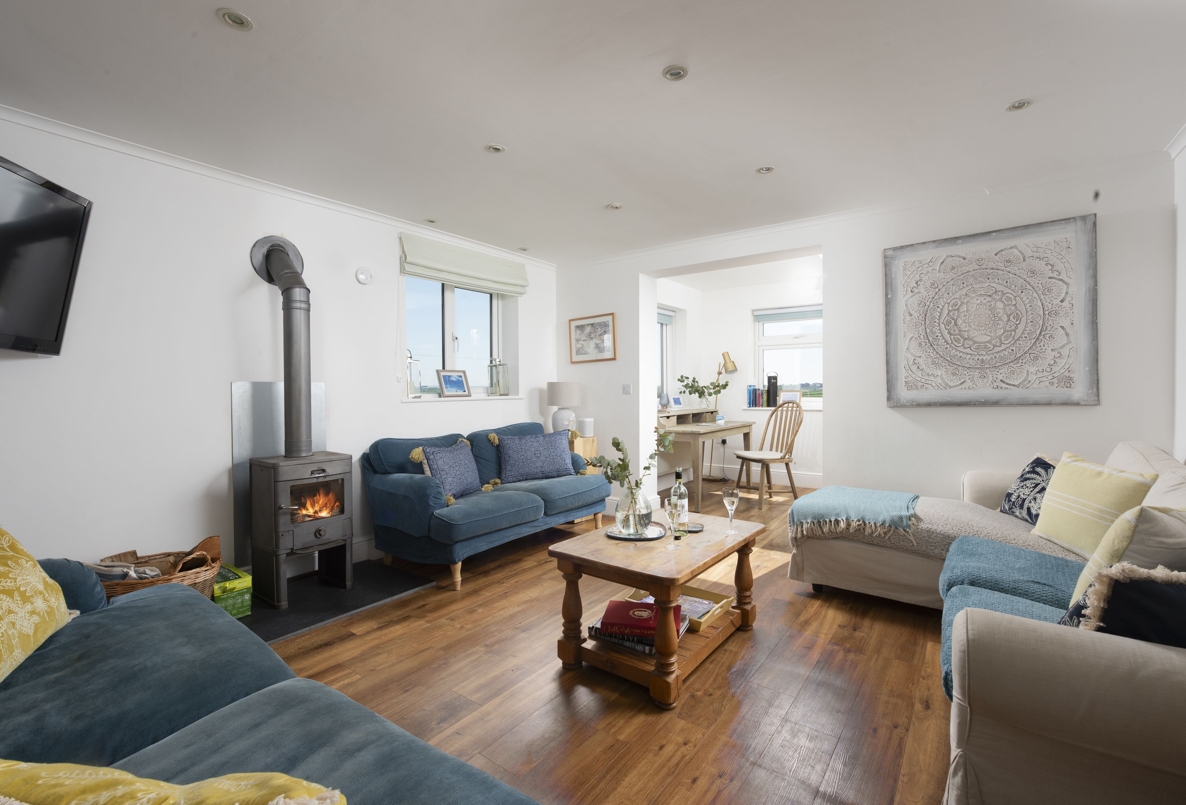 Smart TV, fireplace, books, stereo