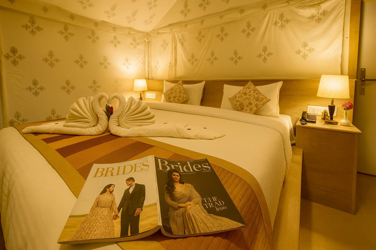 A hotel room with a bed featuring a decorative swan towel arrangement, a bedside table with a lamp and a phone, and a magazine titled 'BRIDES' on the bed.