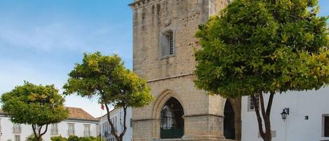 Un edificio de piedra histórico con una torre destacada y una entrada en arco, rodeado de árboles y un área pavimentada.