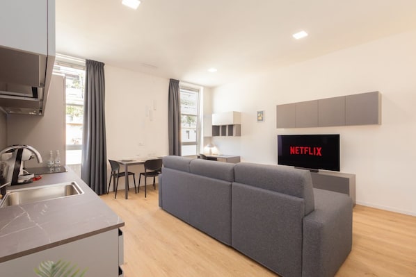 A modern living room with a grey sofa, a flat-screen TV, and a kitchen area with a sink and cabinets.