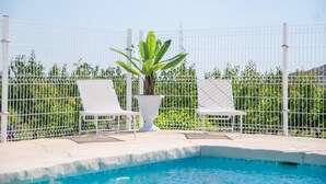 Ein Schwimmbecken mit zwei weißen Liegestühlen und einem Blumentopf.