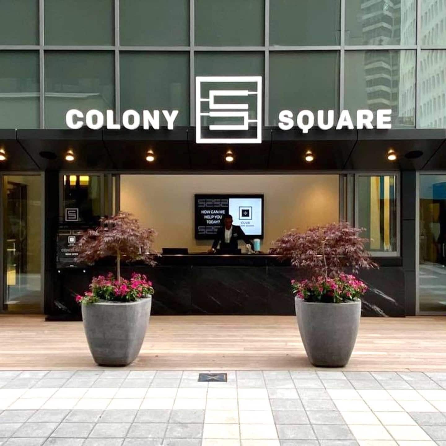 A hotel entrance with the name 'Colony Square' and a reception desk. There are two large potted plants in front of the desk.