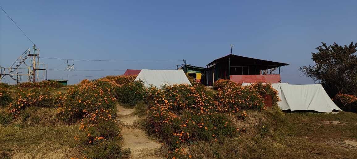 Ein Gebäude mit rotem Dach, umgeben von einem Feld orangener Blumen und weißen Zelten.