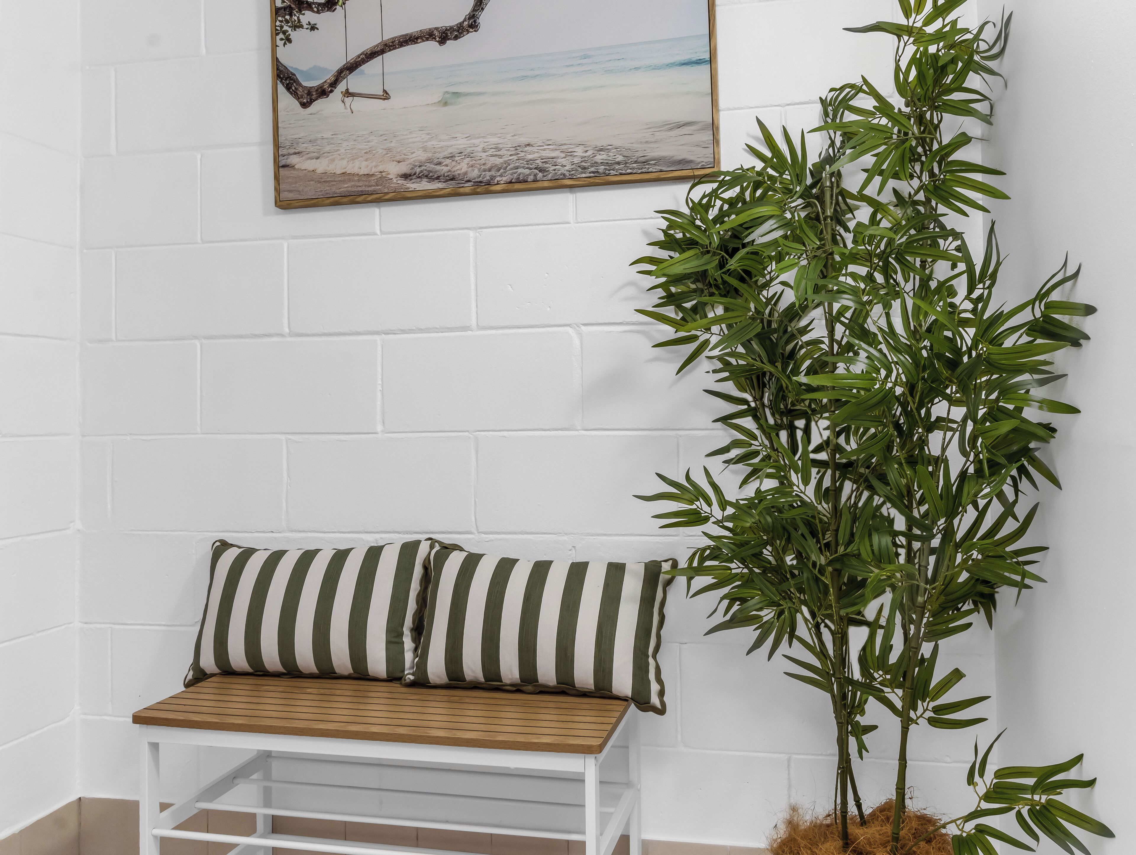 Een witte bakstenen muur met een houten bankje en een groen gestreept kussen. Een grote bamboeplant staat in een pot tegen de muur.
