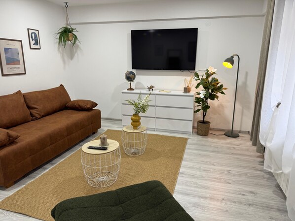 Ein Wohnzimmer mit braunem Sofa, Fernseher, Globus, Pflanze, Lampe und Teppich.