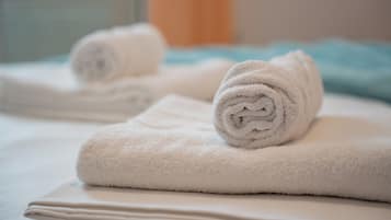 Dusj, hårføner, håndklær og toalettpapir