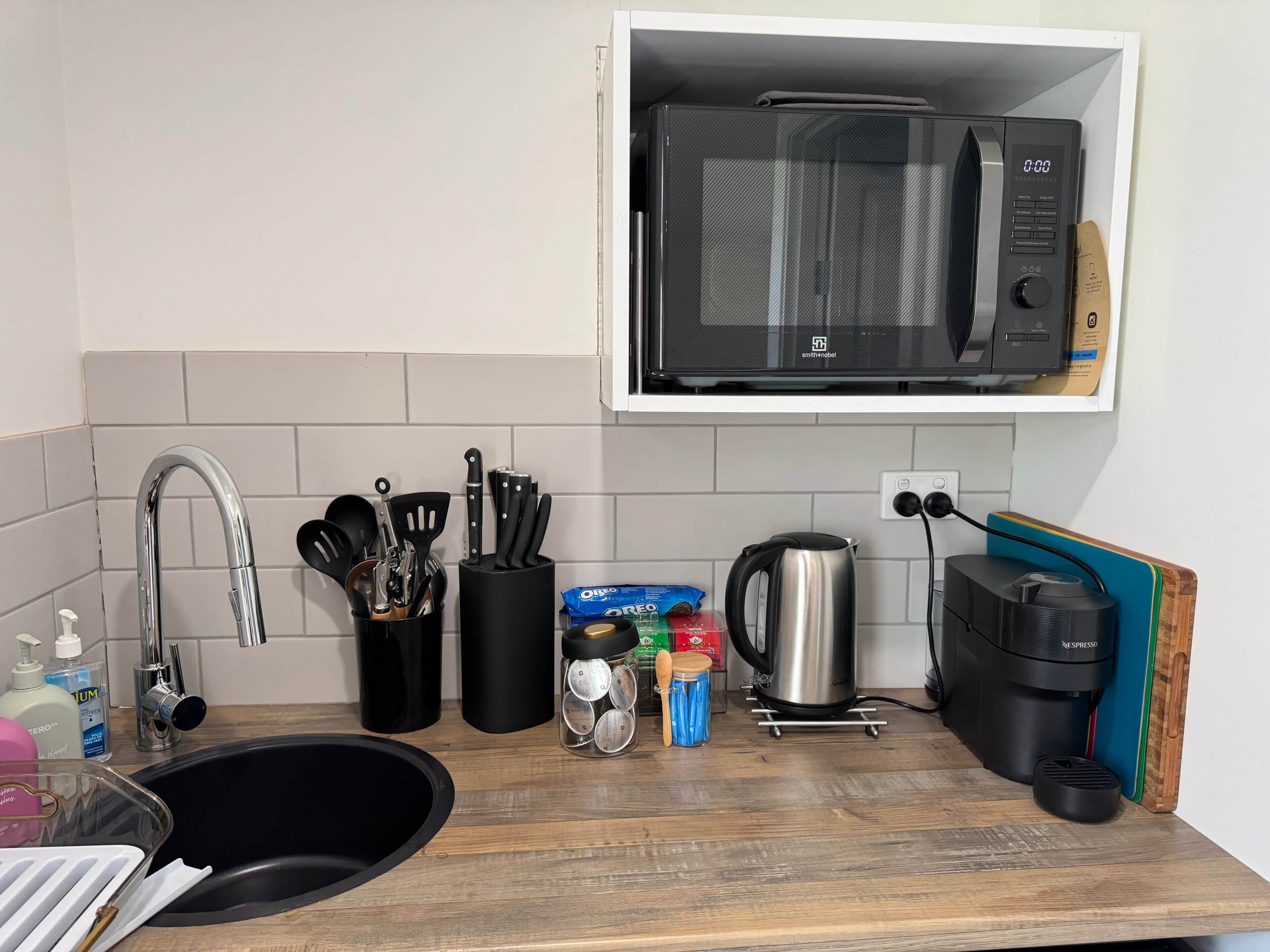 Fridge, microwave, toaster, cookware/dishes/utensils