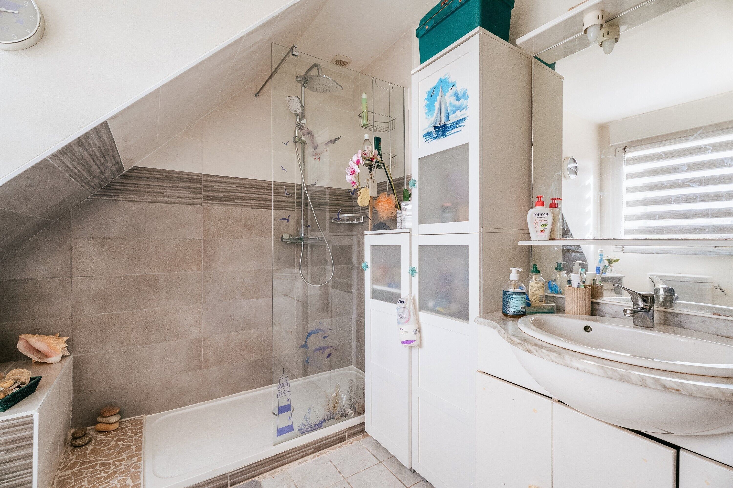 Une salle de bain avec une douche, un lavabo et un miroir.