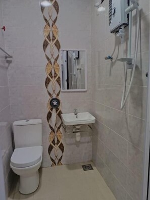 Shower, towels, soap, toilet paper