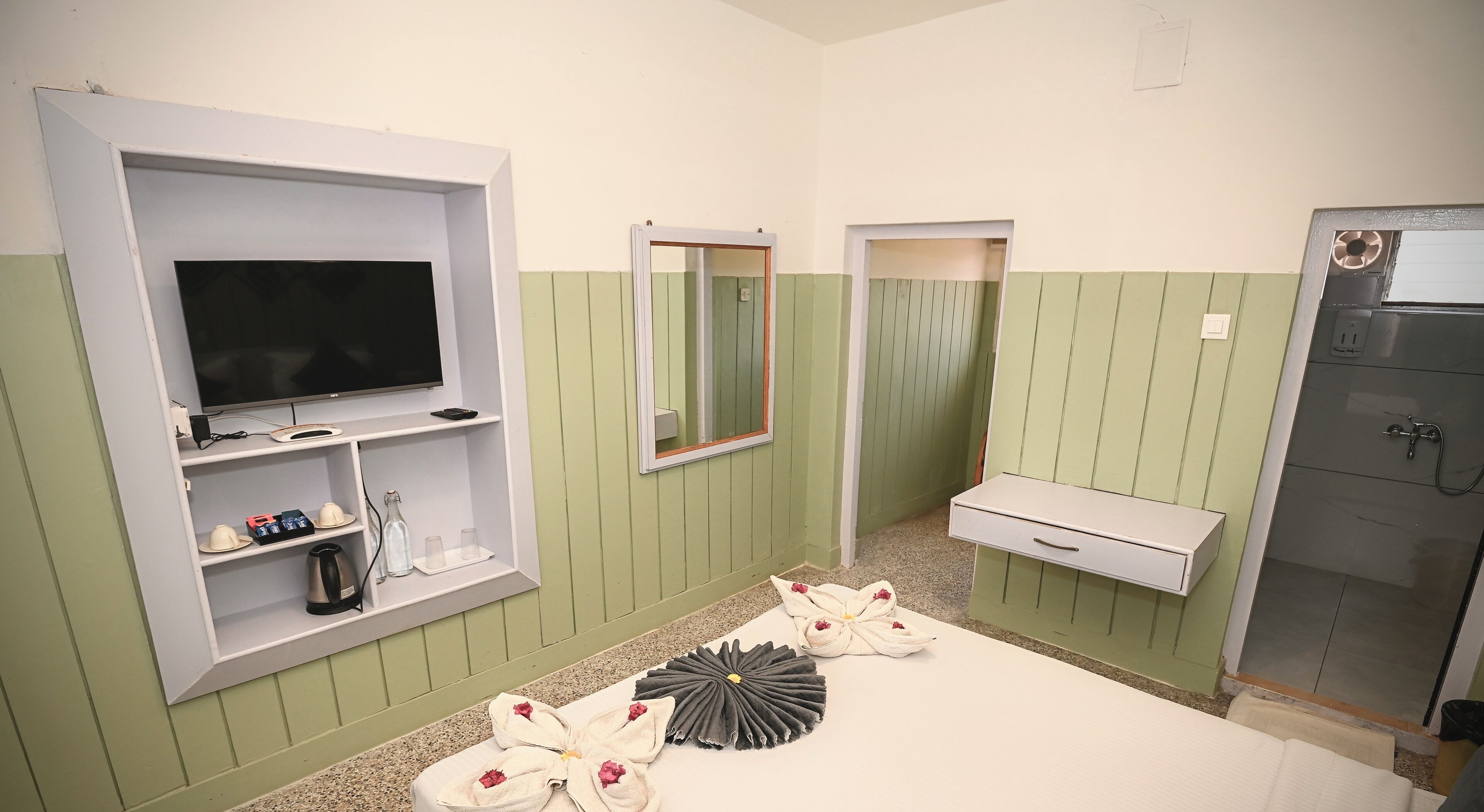Un bagno con televisione, scaffali, uno specchio, un portasciugamani e una doccia.