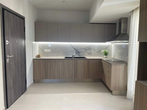 Fridge, oven, stovetop, coffee/tea maker