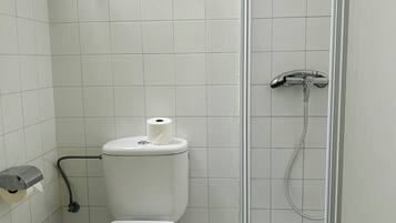 Eenvoudige Twin kamer | Badkamer | Een douche, toiletpapier