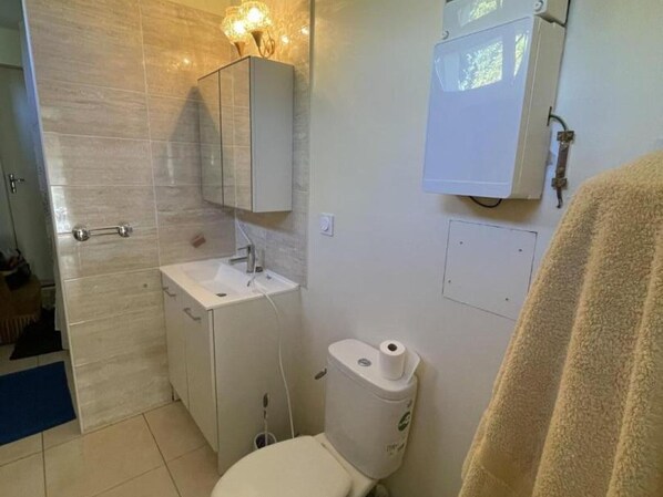 A bathroom with a toilet, sink, and cabinet.