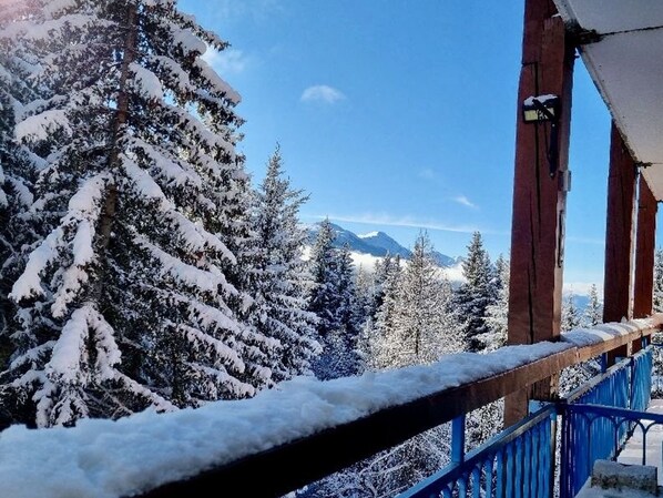 A snow-covered balcony with a view of snow-laden trees and mountains in the background.