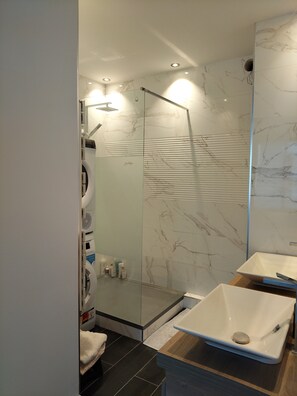 Shower, hair dryer, towels