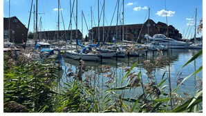 Un port esportiu amb diverses embarcacions amarrades, envoltat d'edificis i vegetació.