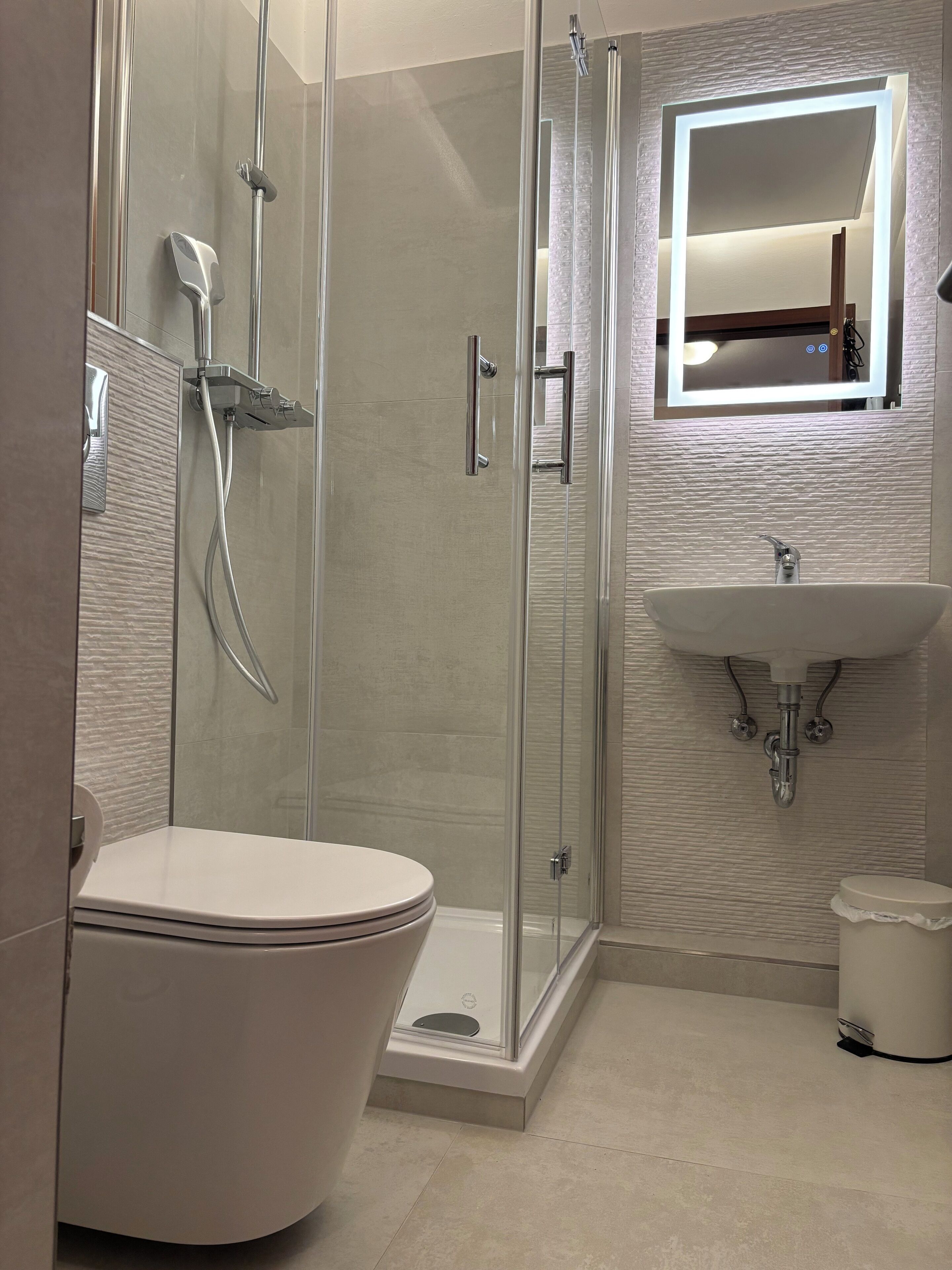 A modern bathroom with a glass-enclosed shower, a white toilet, and a sink with a mirror above it.