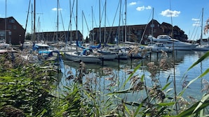 Un puerto deportivo con varias embarcaciones amarradas, rodeado de edificios y vegetación.