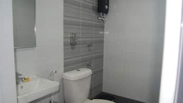 Shower, towels, soap, toilet paper