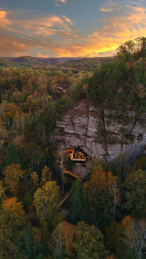 A remote cabin nestled in a forested cliffside, accessible by a narrow wooden bridge. - NEW Cliffside Unique Stay | Hot Tub | Steam Shower (Beattyville)