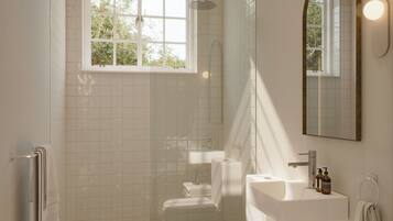 Shower, towels, soap, shampoo