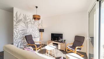 TV, fireplace, books, offices