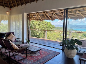 A room with a large window, a wooden ceiling, a patterned rug, and a potted plant.