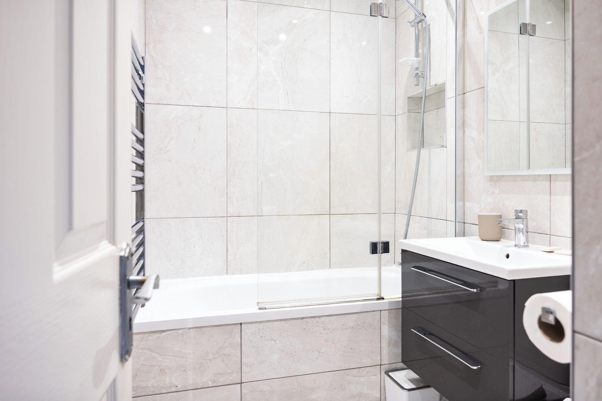 Hair dryer, towels, soap, shampoo