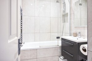 Hair dryer, towels, soap, shampoo