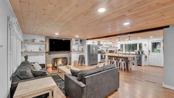 Smart TV, fireplace, books