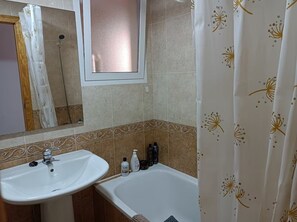Hair dryer, bidet, towels, soap