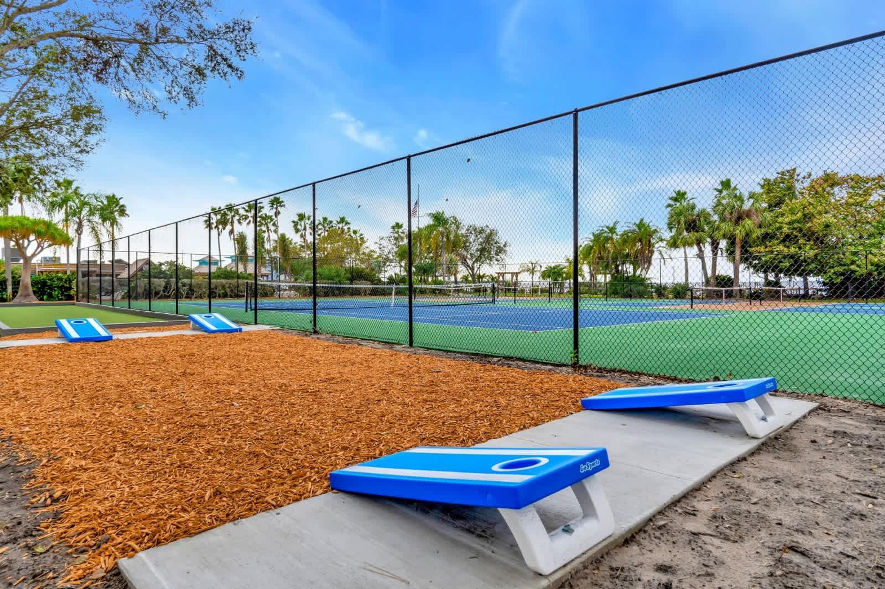 A tennis court with a fence, blue benches, and a tree in the background.