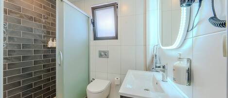 A modern bathroom with a glass shower enclosure, a toilet, a sink with a mirror, and a window.