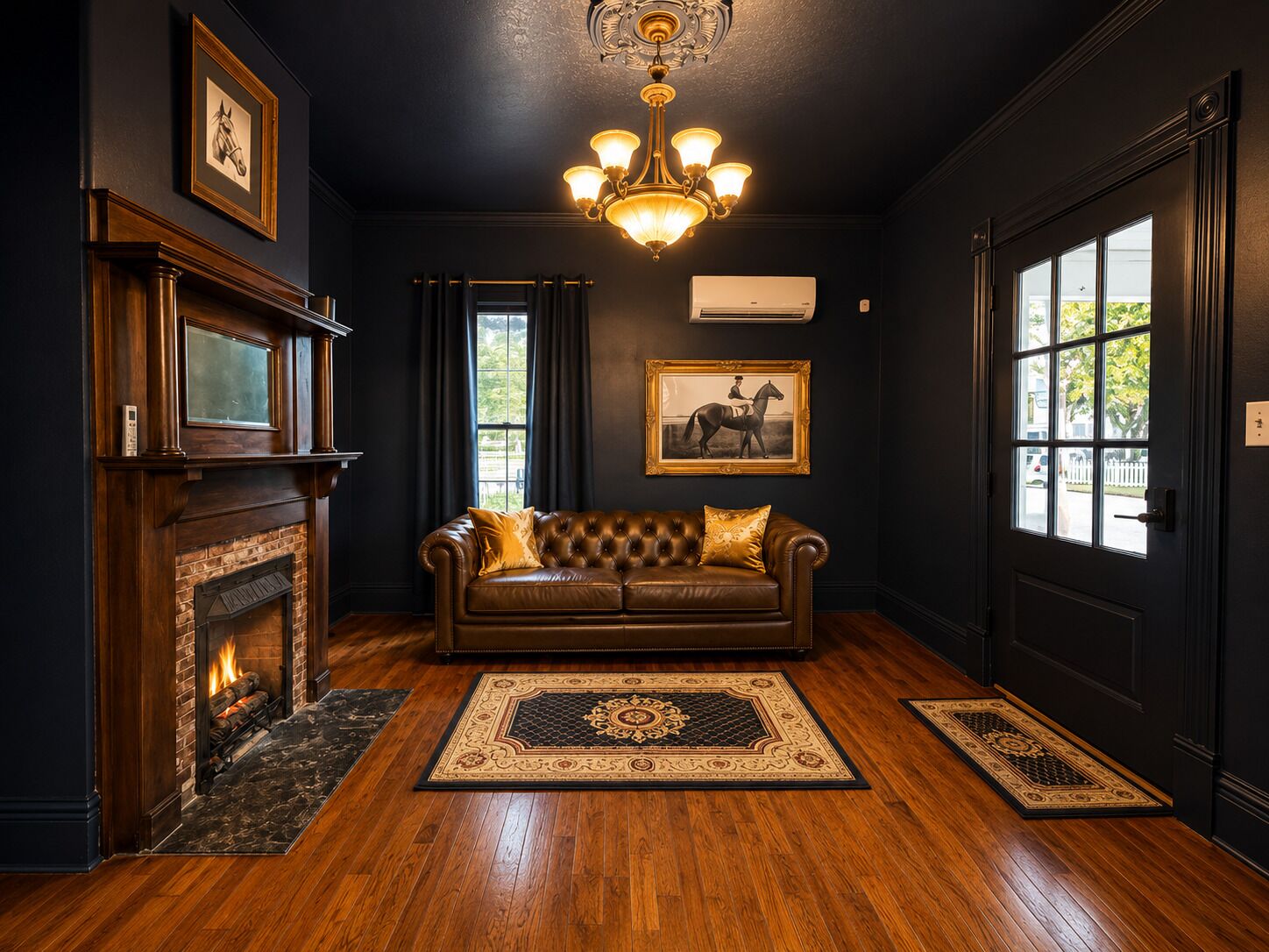 Smart TV, fireplace, books, computer monitors