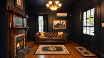 Smart TV, fireplace, books, computer monitors