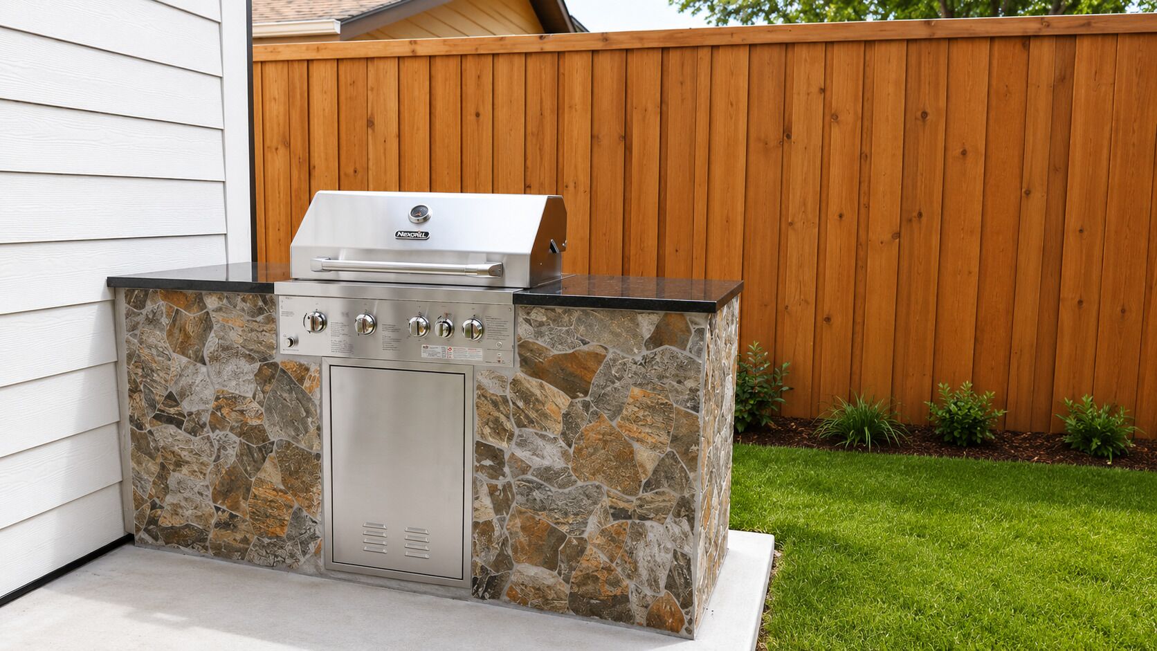 An outdoor kitchen with a stone facade, a grill, and a stainless steel sink.