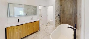 Hair dryer, bidet, towels, soap
