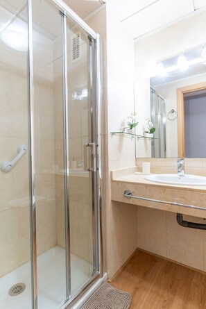 Shower, hair dryer, bidet, towels