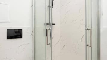 Shower, hair dryer, shampoo