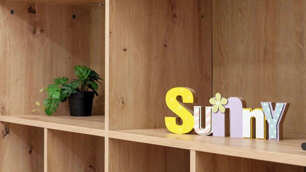 Une étagère en bois sur laquelle est posée une plante en pot et des lettres décoratives formant le mot « Sunny ».