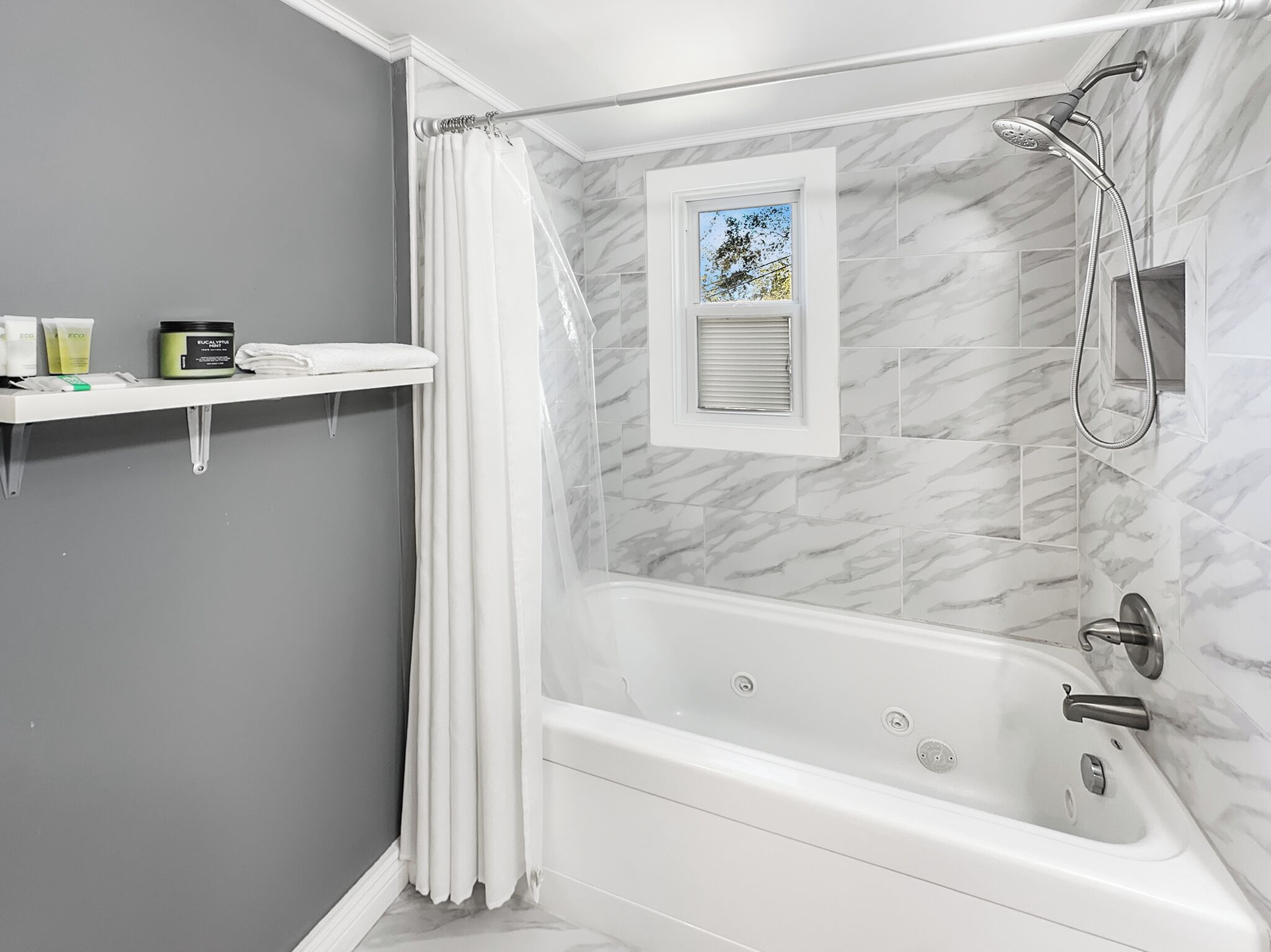 Hair dryer, towels, soap, toilet paper