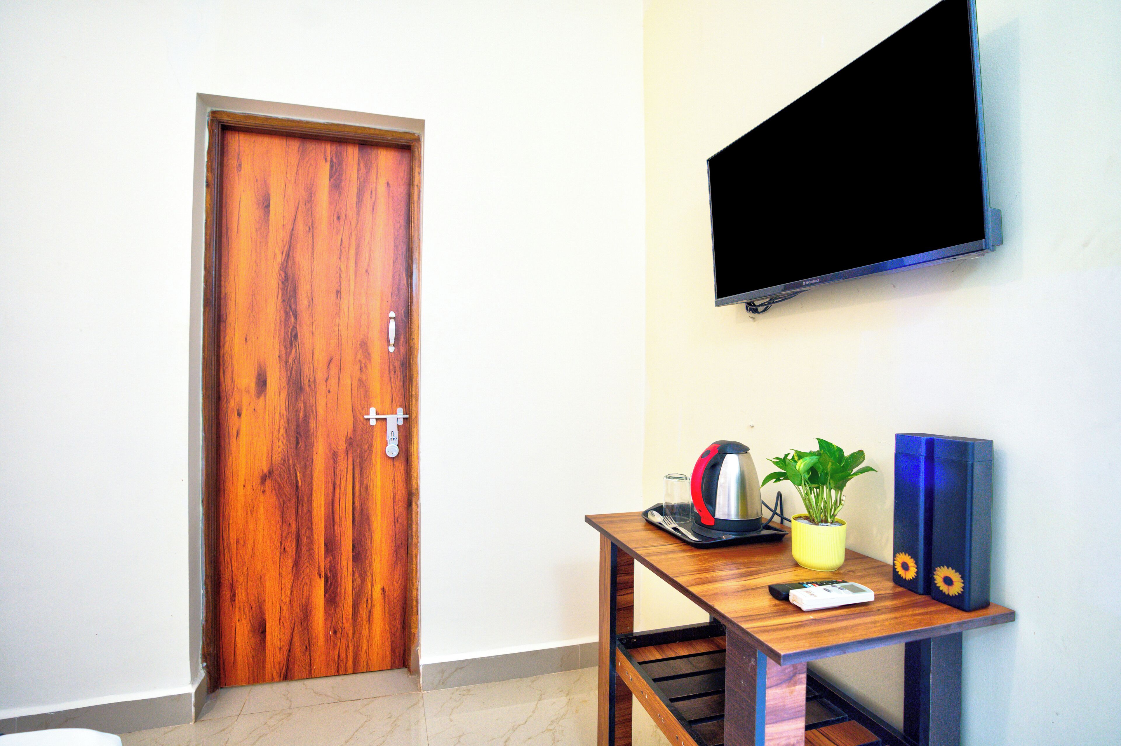 Una puerta de madera, un televisor en la pared, una pequeña mesa de madera con una planta, una tetera y una bandeja.
