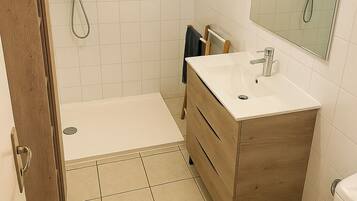 Shower, towels, toilet paper