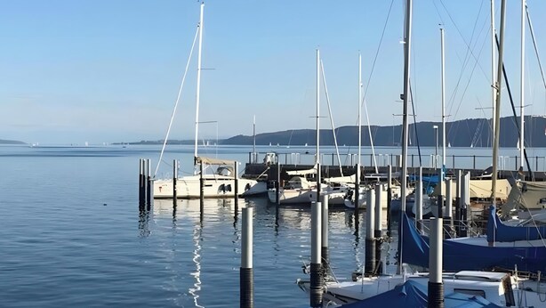 Een jachthaven met aangemeerde boten, stil water en een heldere lucht.