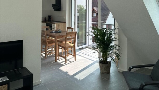 A modern interior with a dining area, kitchen, and a living space with a TV and seating. - Apartment 'Ferienwohnung Seescheune' with Lake View and Wi-Fi (Bodman-Ludwigshafen)
