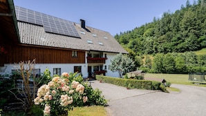 A house with a sloped roof, solar panels, a wooden exterior, and a garden with flowers. - Holiday Apartment 'Bergfranzenhof' with Shared Terrace, Balcony and Wi-Fi (Oppenau)